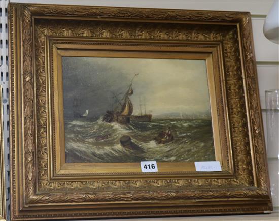 19th century English School, oil on millboard, shipping off the coast, 21 x 29cm